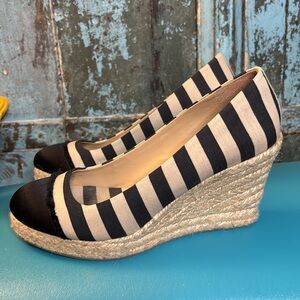 J.Crew Seville Canvas and Satin Espadrille Wedges Black Cream Ivory Striped 8